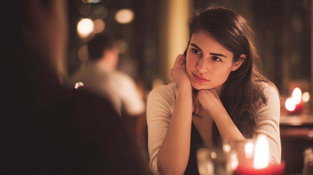 A woman listens closely during a dinner date, reflecting the presence and connection of conscious dating.