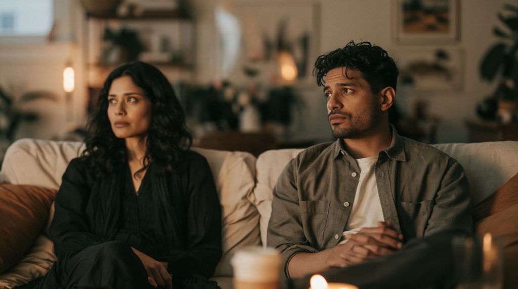 A couple sits apart on a sofa, showing the tension of different sex drives ruining a relationship.
