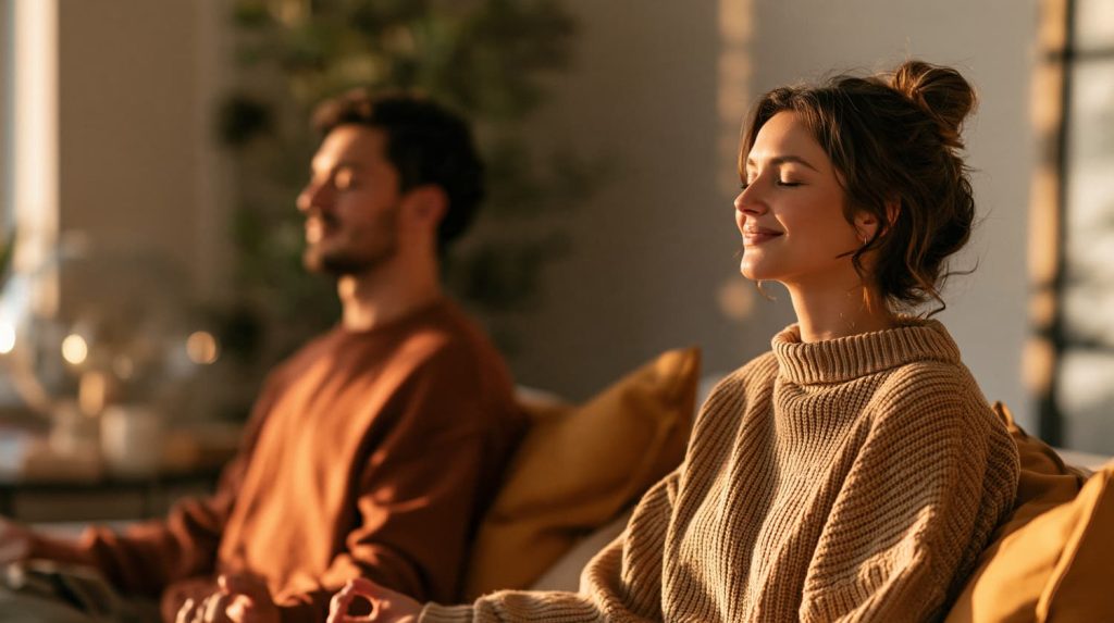 Couple practicing tantric meditation together at home